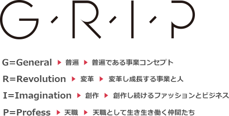 G=General&rarr;普遍&rarr;普遍である事業コンセプト R=Revolution&rarr;変革&rarr;変革し成長する事業と人 I=Imagination&rarr;創作&rarr;創作し続けるファッションとビジネス P=Profess&rarr;天職&rarr;天職として生き生き働く仲間たち
